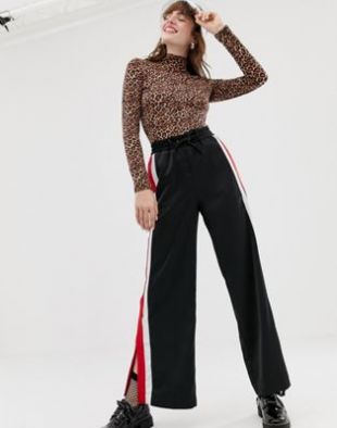 Monki split leg side stripe pants in black | ASOS
