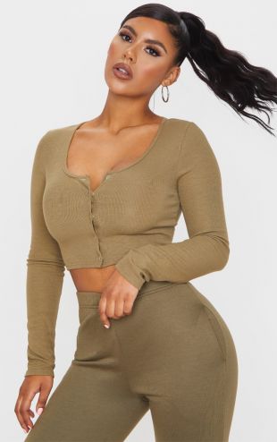 Crop top côtelé kaki