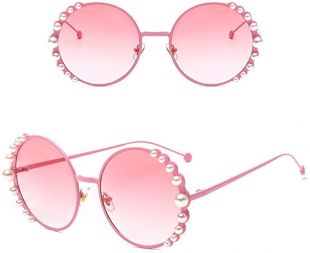 WSKPE Lunettes De Soleil,Lunettes De Soleil Femme Metal Frame Ronde Ornée De Perles Rose Lunettes De Soleil Gradient Frame Pink Lens