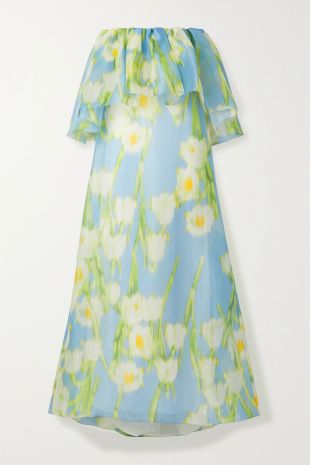 Light blue Off-the-shoulder Floral-print Silk-organza Maxi Dress
