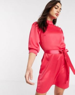 button shoulder belted satin dress in pink