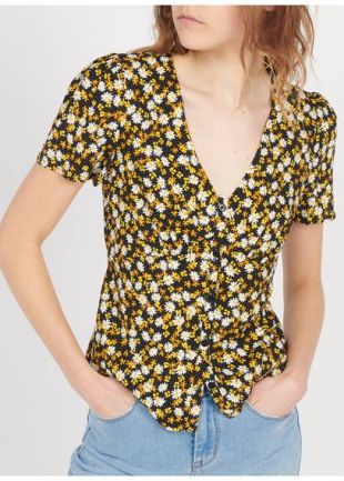 TOP COL V BOUTONNÉ IMPRIMÉ FLORAL NOIR