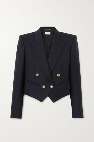 CROPPED DOUBLE-BREASTED JACKET IN WOOL GABARDINE in colour dark navy