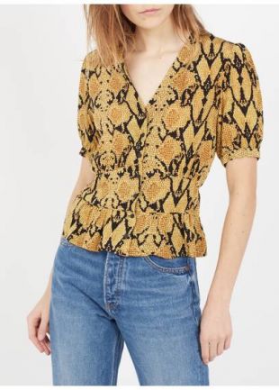 TOP COL V CINTRÉ À VOLANT IMPRIMÉ PYTHON OCRE