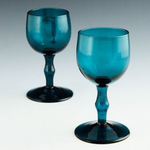 Pair Hollow Stem Peacock Blue Wine Glasses C1820