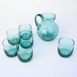Carafe set with 6 vintage turquoise glasses