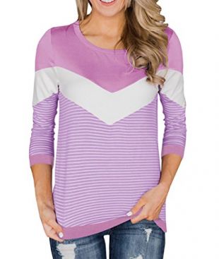 Women's Fall Long Sleeve Striped Tops Crewneck Chevron Casual Lightweight T Shirt Blouses Purple