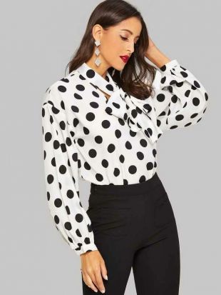 Polka Dot Print Tie Neck Blouse