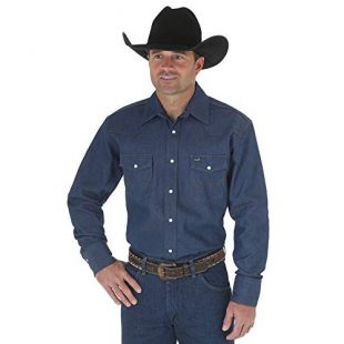 Wrangler Men's Authentic Cowboy Cut Work Western Long-Sleeve Firm Finish Shirt, Indigo Denim, 17 1/2 37