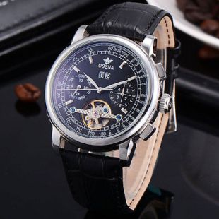 Ossna 42mm Fly Wheel Day Date Function Black Dial Menâs Automatic Wrist Watch