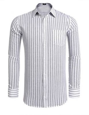 Button Down Men's Fashion Striped Long Sleeve Classic Fit Dress Shirt White X-Large