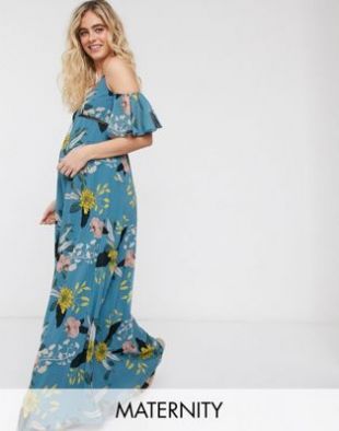 flutter sleeve maxi dress in blue floral