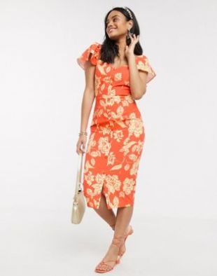 Flutter sleeve wiggle dress in orange floral
