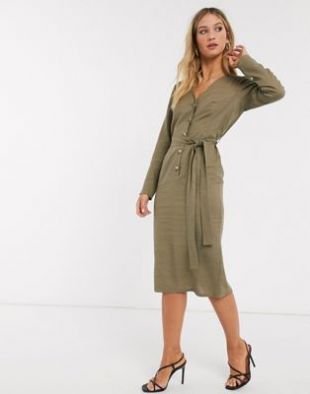 Button through linen midi dress with self belt in khaki