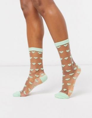 Chaussettes motif cœur en tulle transparent - Menthe