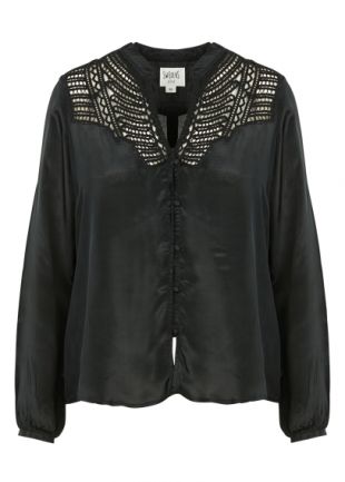 CHEMISE COL TUNISIEN AVEC EMPIÈCEMENTS DENTELLE NOIR