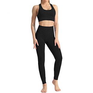 2 Piece Outfits Sports Bra Seamless Leggings Yoga Set Long Pants Gym Clothing (YO610-black-L)