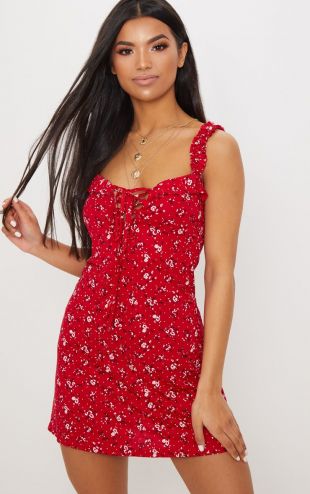 Robe droite rouge imprimé floral et volants