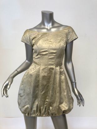 Vintage 1950's Cocktail Dress Gold Metallic Floral Jacquard Taille 2 Bubble Hem Off-Shoulder Mini Dress