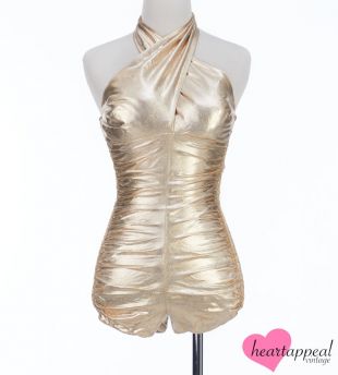 vintage des années 1950 DeWeese Maillot de bain // Sparkling Gold Metallic Ruched Cross Halter Bathing Suit S