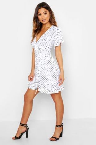 Robe style années 50 détail à volants cache-cœur imprimé à pois