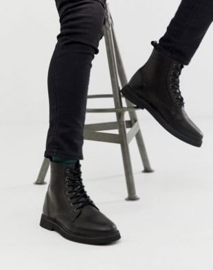 Bottes lacées en cuir avec semelles épaisses - Noir