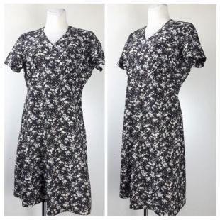 Vintage 60 ' s robe d’été noir gris Empire Mod/Gogo Floral EU40 UK14/16/42