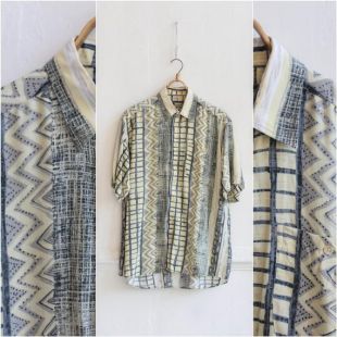 Chemise d’homme à imprimé géométrique, chemise à motifs jaunes, chemise vintage pour hommes / Taille Large