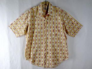 vintage 70s Mens Shirt XL White Yellow Floral Striped Short Sleeve