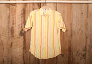 Sz. M hommes - France Vintage MONTICELLO Jaune - Chemise à manches courtes bouton rayé orange