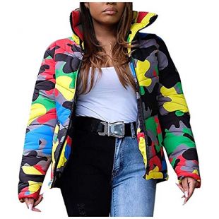 Short Puffer Coat |Unisex Fashion Colorful Camo Jacket Full Zipper Pocket Down Outwear for Men Women (L, Multicolor)