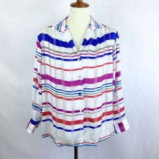 Vintage des années 1980 adelaar Womens bouton vers le bas chemise chemisier 16 satin semi Sheer rayé rouge violet bleu blanc boxy cadeaux pour son rétro impressionnant des années 80