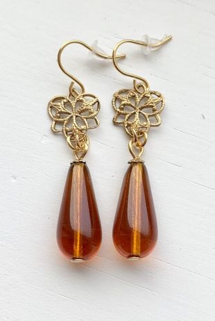 Emma Woodhouse Jane Austen Amber Teardrop Gold Floral Filigree Regency Georgian Earrings