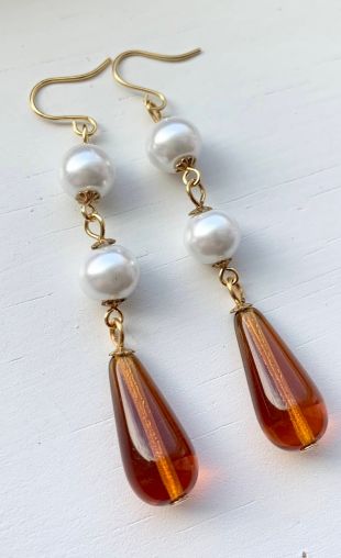 Mrs. Elton Emma Woodhouse Jane Austen Amber Teardrop Gold Floral White Pearl Beaded Regency Earrings