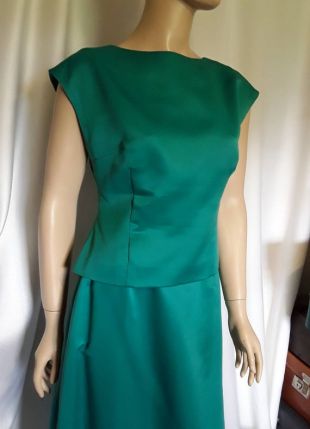 Vintage SKIRT & TOP Outfit 1970s Turquoise Satin Two Piece Midi/Maxi Skirt Sleeveless Blouse Womens Suits Vintage Wedding Bridesmaid M