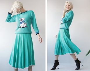 vintage turquoise vert blanc minuscule imprimé coton taille haute A-ligne sur la longueur du genou jupe midi S