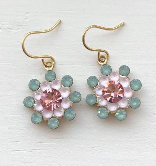 Emma Woodhouse Jane Austen pacific opal pink rose Swarovski crystal flower drop earrings brass gold