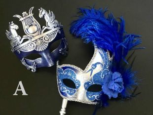 Masque de mascarade d'argent bleu, masque de mascarade de plume, masque de mascarade de mariage, masque de femme de plume, masque de bâton, masque pour des femmes