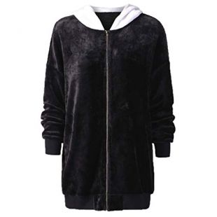 Cute Contrast Rabbit Ear Hooded Fuzzy Coat Winter Warm Women Jacket Outerwear Black