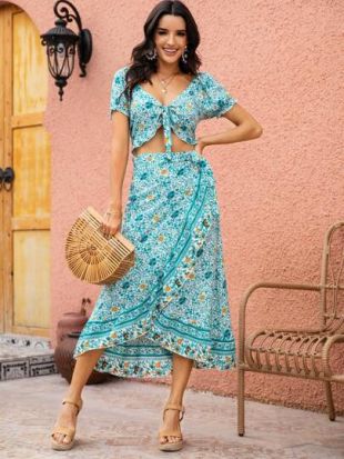 Floral Print Knot Top & Wrap Skirt