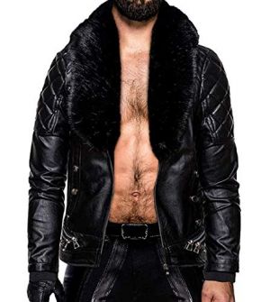 WWE Seth Rollins Ring Colby Daniel Lopez Wrestler Wide Fur Collar Black Real Leather Jacket (Large)