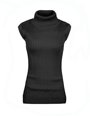 v28 Women Sleeveless High Neck Turtleneck Stretchable Knit Sweater Top-M,Black