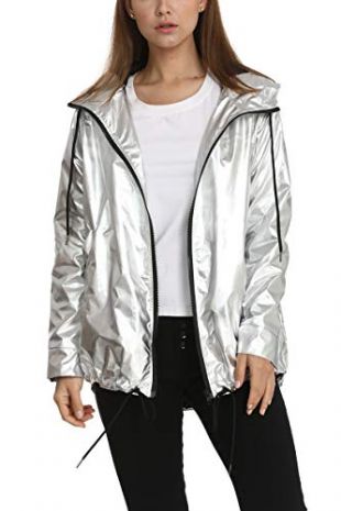 Women's Metallic Lightweight Waterproof Windbreaker with Hood, Long Rain Jacket Casual Outdoor