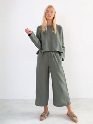 Pantalon en lin RILEY pour femme / Pantalon en lin à jambes larges en vert Sage / Pantalon Palazzo