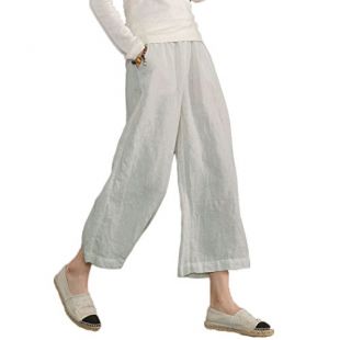 Ecupper Womens Casual Loose Elastic Waist Cotton Trouser Cropped Wide Leg Pants Light Grey XL