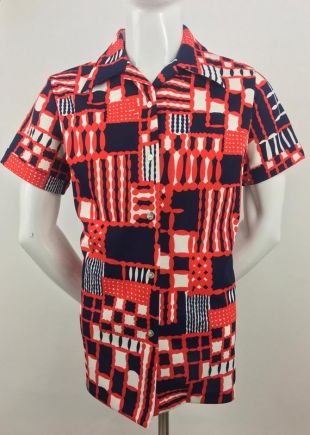 1970's Montgomery Wards Red Shirt w Mod Geometric Pattern|Short Sleeved Summer Shirt|Casual Weekend Shirt|Size XL