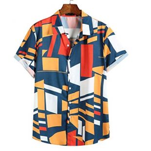 Shirt for Men, SFE Mens Contrast Color Geometric Printed Turn Down Collar Short Sleeve Loose Shirts Blue