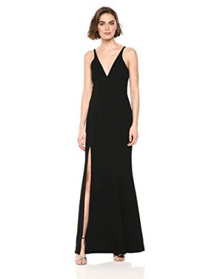 Dress the Population Women's Iris Spaghetti Strap Plunging Long Dress, Black, Medium