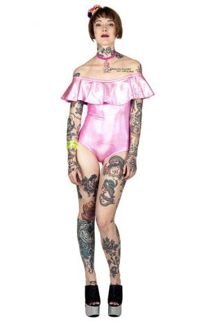 Rose métallique cassé l’épaule à volants unisexe Body-Off épaule maillot de bain - Dance Costume - Rave Festival Body-rose métallique Body