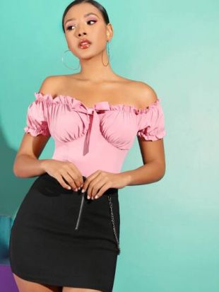 Off Shoulder Frill Trim Bow Front Shirred Milkmaid Top